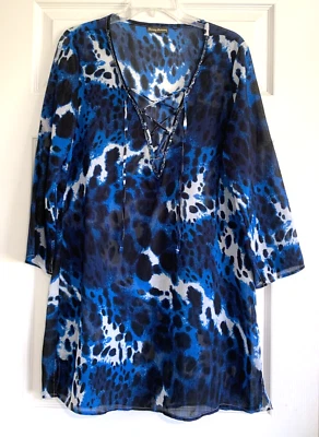 Tommy Bahama Tunic Top Swim Cover Up Size S Blue Animal Print Beaded Sheer - Image 1 of 4