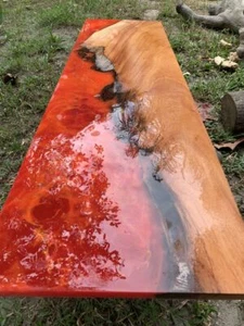 Orange Resin Epoxy Dining Table Top, Live Edge Epoxy Woode Table Top, Decor - Picture 1 of 5