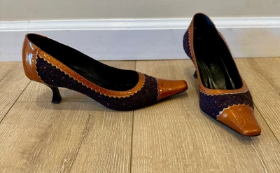 RARO Moschino Y2K Barato Y Chic Azul Marino Tweed Naranja Gatito Tacones Talla 37 EU De colección Foto 1 de 4