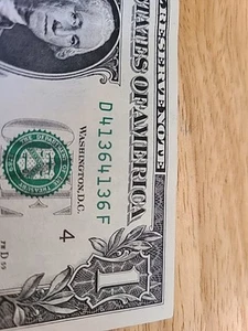 41364136. $1 FRN Fancy Repeater Serial Number. - Picture 1 of 3