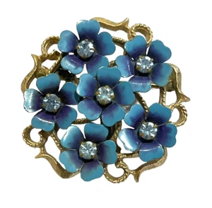 Vintage Avon Blue Enamel Rhinestone Flower Cluster Brooch Pin Pendant Gold Tone - Picture 1 of 6