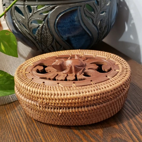 Vintage Indonesia Lombok Wood Rattan Carved Frog Lidded Basket Trinket Box 6" Cover