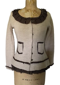 SPARROW Anthropologie Sweater Jacket Cardigan SMALL Beige Wool Brown Polka Dots - Picture 1 of 12