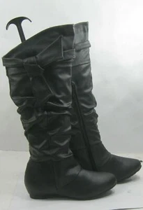 new Black 1.5" Hidden Wedge Round Toe Bow  Knee Boot WOMEN Size 6 - Picture 1 of 9