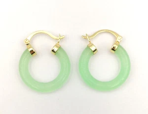 Light Green Pink Purple Real Jade Circle Donut 18KGP Snap Closure Hoop Earrings - Picture 1 of 30