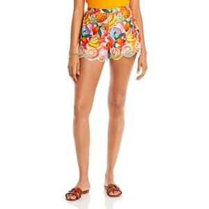 AQUA Ladies Bright Orange Fruit Print Shorts, Eyelet Accents, Scalloped Hem, XS - Picture 1 of 4