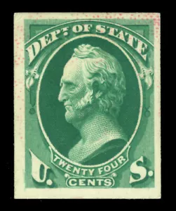 US 1873 OFFICIALS - State Depart. - Scott 24c grn Sc# O65 plate proof on card pp - Picture 1 of 2
