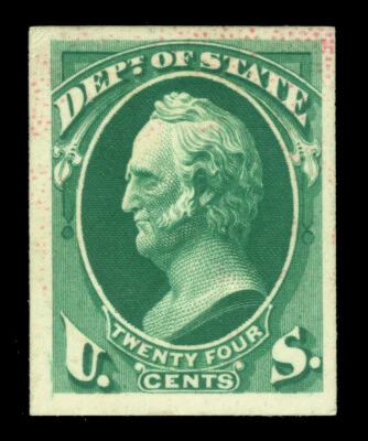 US 1873 OFFICIALS - State Depart. - Scott 24c grn Sc# O65 plate proof on card pp - Image 1 of 2