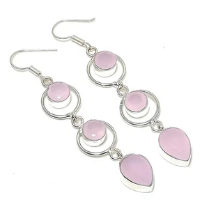 Pendiente de joyería de plata de ley 925 hecho a mano con piedras preciosas de cuarzo rosa tamaño 3" - Imagen 1 de 1