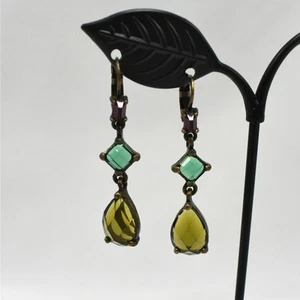 Vintage style green/purple brass dangle drop pierced earrings fairy whimsigoth  - Picture 1 of 6