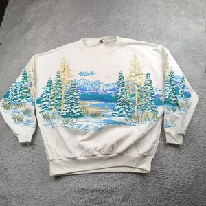 Vintage 90s Lifestyles Sweatshirt Mens OS White AOP Glitter Utah Nature Art Snow - Picture 1 of 19
