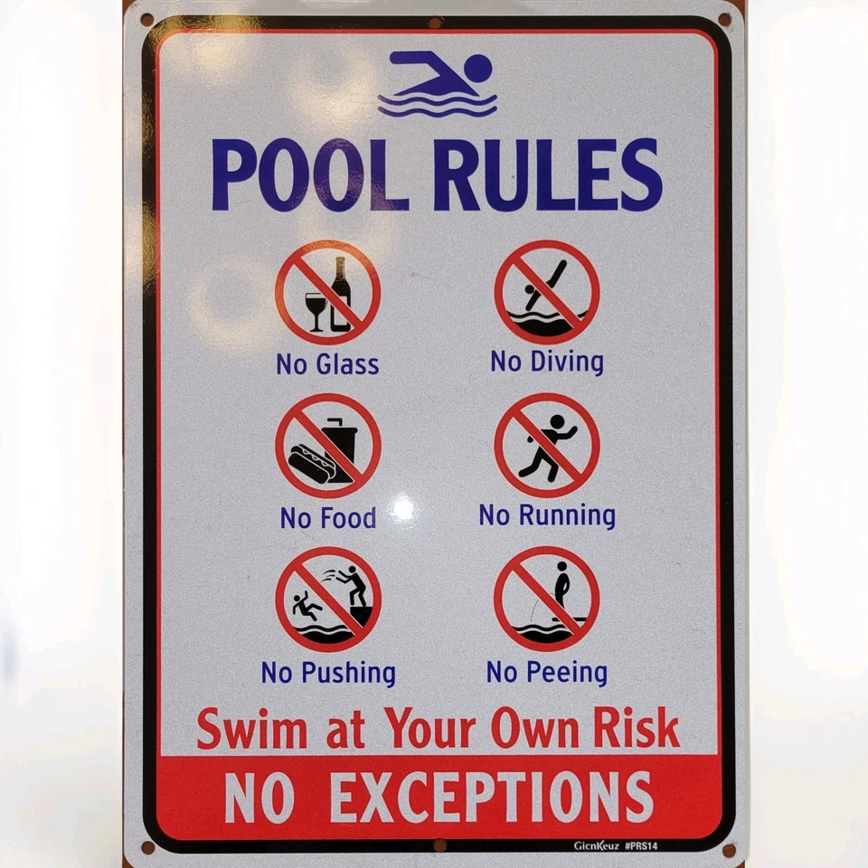 Letrero de reglas de piscina de aluminio de 10" x 14" sin buceo, sin correr, sin comida, sin vidrio Foto 1 de 1