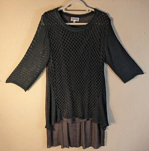 The Zig Zag Stripe L Black Knit Layered Boat Neck HiLo Hem Tunic Shirt Dress - Picture 1 of 23