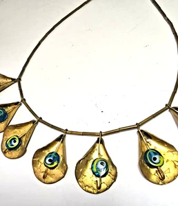 Brutalist Hammered Brass Bib Greek Evil Eyes Necklace 17" Handmade 1950s Greece - Picture 1 of 7
