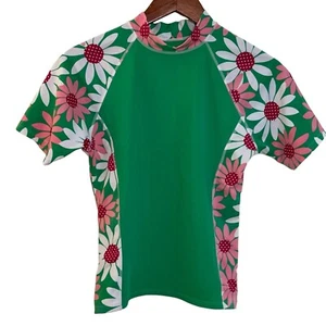 Lands End Rash Guard Sun Shirt Girls Size XL Green Pink /Floral Short Sleeve - Picture 1 of 11