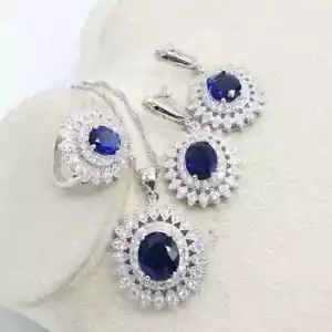 Jewelry Set Earrings Pendant Necklace Blue Sapphire 925 Sterling Silver Gift - Picture 1 of 6