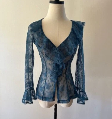 Vintage Betsey Johnson New York Slate Blue Lace Button Down Top Blouse P/XS — 第 1/4 张图片