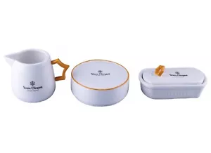 Veuve Clicquot Brunch Set with Creamer, Sugar Bowl, Butter Jar Porcelain - Picture 1 of 9