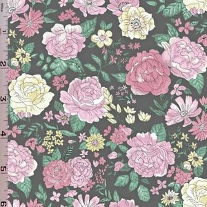 Flower Garden Cotton Lawn Cosmo Fabric Japan Import Gray Yellow Pink - Picture 1 of 1