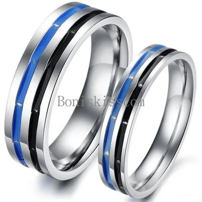 Alianza de boda de compromiso de aniversario anillo de pareja de acero inoxidable negro y azul Foto 1 de 4