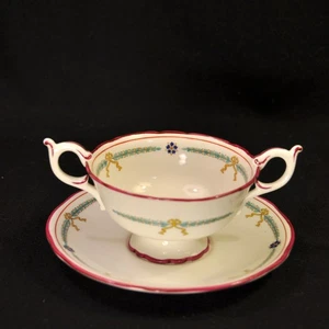 Coalport Sahne Suppe Bouillon Tasse & Untertasse Schleifen & Blumen weinroter Rand 1891-1919 - Bild 1 von 24