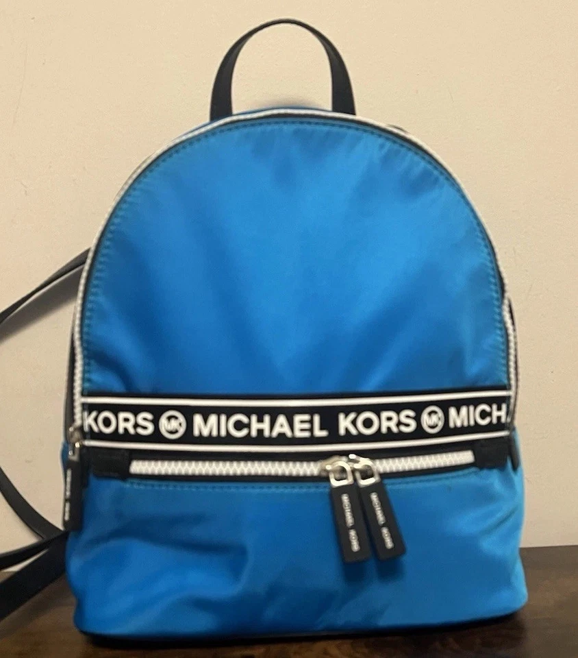 Michael Kors Kenly Bolso Libro Eléctrico Azul Nylon Negro Cuero Mochila Foto 1 de 4