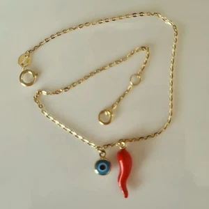 9ct Gold Italian bracelet evil eye red chilli Cornicello horn. Diamond cut chain - Picture 1 of 2