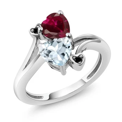 Heart Shape Created Ruby Aquamarine 1.67 Ct 10K White Gold Black Diamond Accent - Image 1 of 3