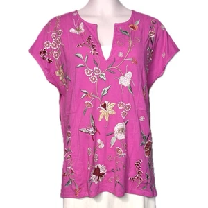 Johnny Was Embroidered Top Cotton Suki Easy Tee Shirt Pink Colorful V Neck sz S - Picture 1 of 13