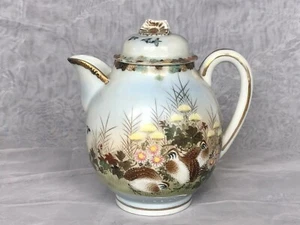 ANTIQUE Kutani Meiji Japanese Porcelain Teapot with REPAIR to Lid Quail Birds - Picture 1 of 12