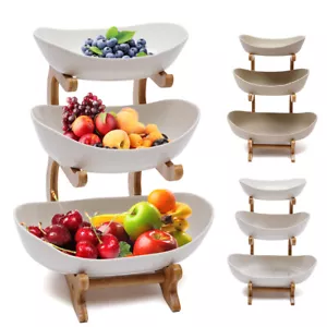 3-Tier Kitchen Fruit Tray Ceramic Vegetable Fruit Basket Bowl w/Wood Shelf - Picture 1 of 12