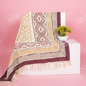 Indian Hand Block Printed Multicolor Soft Cotton Throw Blanket With Fringes - Picture 1 of 8