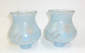 Pair Vintage Embossed Glass Light Blue Frosted Boudoir Lamp Shades - Picture 1 of 2