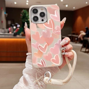 Heart Wrist Strap Case For iPhone 16 15Pro Max 14 13 12 11 ShockProof Soft Cover - Picture 1 of 26