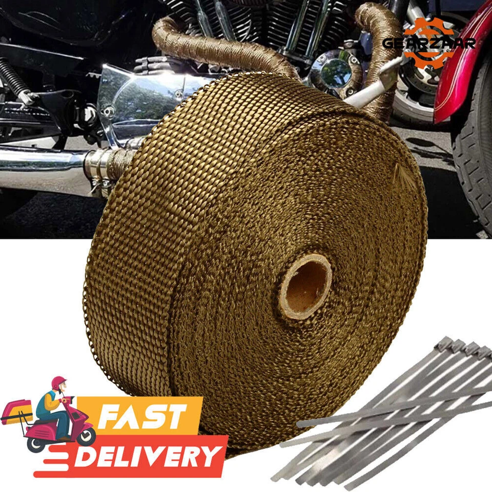20M Titanium Gold Heat Wrap Tape Exhaust Insulating Downpipe Manifold + 10 Ties - Image 1 of 4