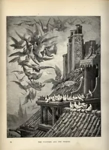 1880 STAMPA Antica = AVVOLTOI E PICCIONI = FAVOLE di LA FONTAINE di G. DORÉ - Bild 1 von 1