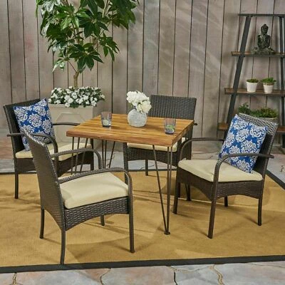 Brady Outdoor Industrial Wood and Wicker 5 Piece Square Dining Set, Teak and Mul - Image 1 of 4