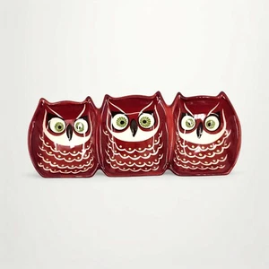 Three Owl Tray Red Catch-All Trinket Dish Home Decor Ceramic Boho Vanity Candle - Picture 1 of 6