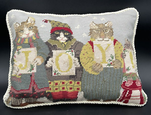 Vtg Christmas DECOR PARIS BOTTMAN Cats in Snow Joy Needlepoint PILLOW 17" x 13"