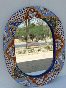 16" TALAVERA MIRROR bathroom wall decor vanity, Mexican pottery folk art hanging - Picture 1 of 5