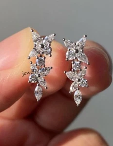 RD & Pear Lab Grown Diamond /Moissanite Ladies Cluster Dangle Earring 925 Silver - Picture 1 of 7