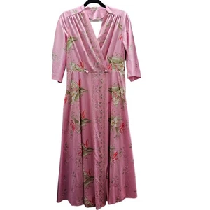 Ralston Pink House Dress Gown Size 12 Birds Paradise Floral Kimono Long Vintage - Picture 1 of 9