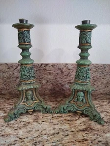 Vintage Set Candle Stick  Holders Green 12" Crushed Stones Malachite Candelabra  - Picture 1 of 13