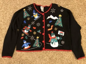 VTG Black Snowman Christmas Cardigan Ugly Nutcracker brand Large - Picture 1 of 6