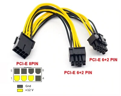 Kentek 9" PCI Express PCIE 8 Pin to 2X 6+2/8 Pin PCIE PC VGA Video Power Cable - Image 1 of 4