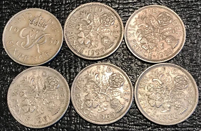 非常好 批量 6 枚伟大的英国六便士硬币 - 1950 年,1955 年,1959 年,1961 年,1965 年,1966 年 - Mar677 — 第 1/2 张图片