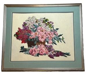 Vintage gerahmter Crewel Blumenkorb ca: 24x28 (riesig) - Bild 1 von 13