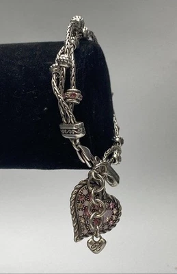 Brazalete Brighton Tono Plata Poder de Cristal Rosa Corazón Dije Hilo 27.9g Foto 1 de 4