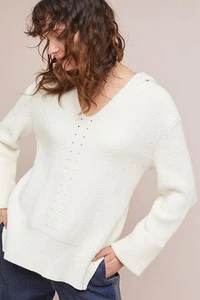 Anthropologie Stitched Sweater Hoodie Top Sz XL Ivory Knit Long Slv New $140 Tag - Imagen 1 de 8