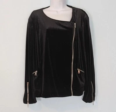 Lane Bryant Black Velvet Jacket Women's 14/16 1X Offset Zip Up Shacket  - Image 1 of 4